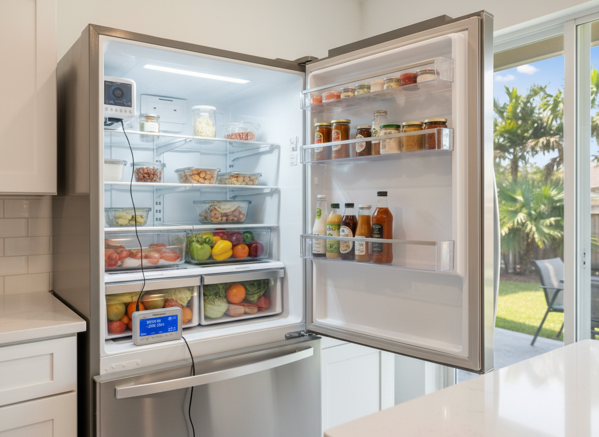 A modern stainless steel refrigerator with French doors stands open in a bright Orlando kitchen, its interior lights illuminating neatly arranged food while a small digital diagnostic device rests on the lower shelf, connected by a thin cable to the control panel. The surrounding space features light quartz countertops, a glossy white backsplash, and a glimpse of a sunlit backyard through a sliding glass door. Soft afternoon Florida sunlight streams in, mixing with cool overhead LED lighting and casting gentle reflections on the refrigerator's brushed metal surface. Photographic realism at eye level, with a shallow depth of field that keeps the appliance in crisp focus and softly blurs the calm, tidy kitchen, creating a professional, trustworthy mood for an appliance repair service homepage.