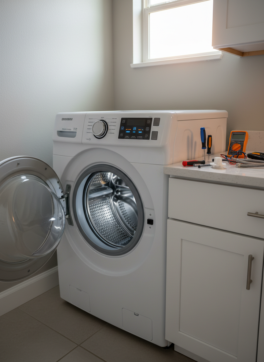 A close-up view of a white front-loading washing machine in a clean laundry room in Winter Park, Florida, with its round door open and a neatly organized toolkit laid out on the nearby counter: precision screwdrivers, a digital multimeter, and a few replacement parts. The machine’s control panel display is clearly visible, showing diagnostic icons without any readable text. The room features light gray walls, white cabinetry, and a small window letting in warm late-morning sunlight that creates soft, natural highlights on the machine’s glossy enamel surface. Photographic realism with a slightly elevated angle and sharp focus throughout, giving a meticulous, professional atmosphere that emphasizes careful, expert appliance repair work.