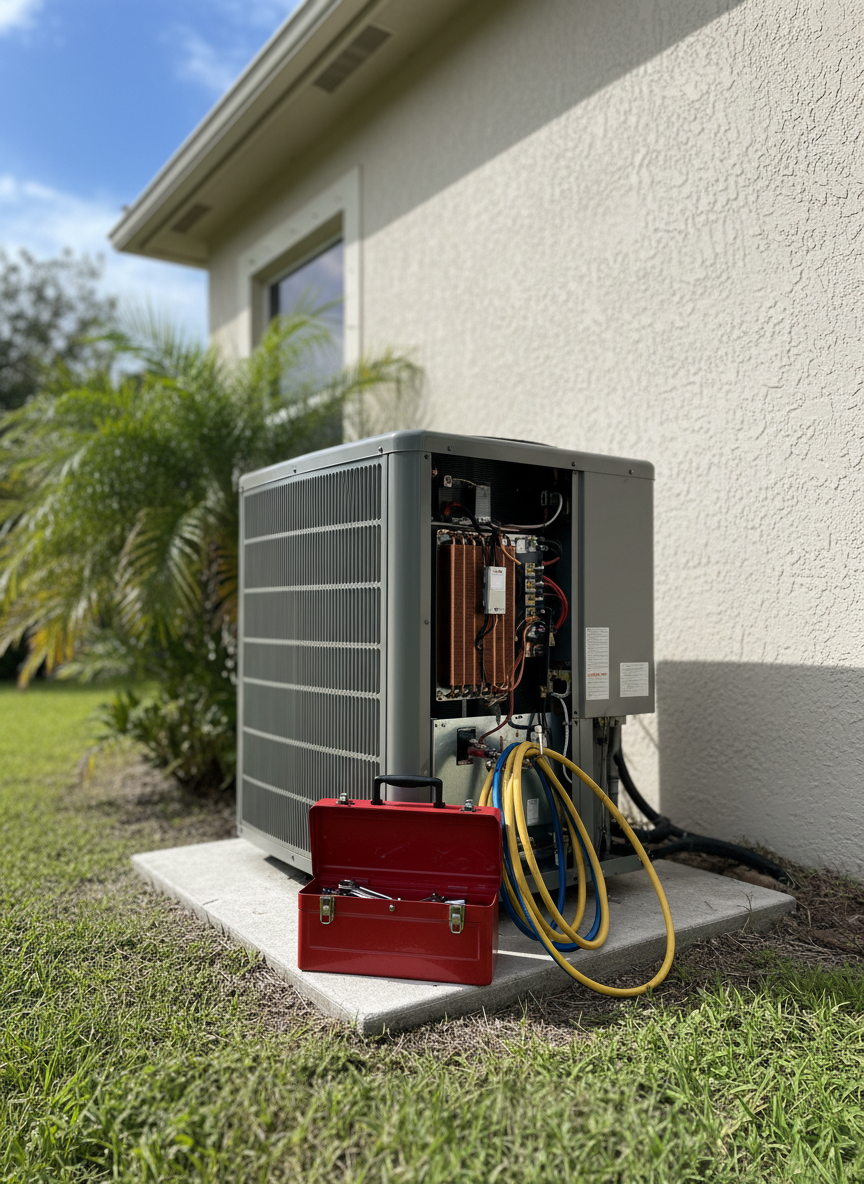 An outdoor residential HVAC condenser unit beside a stucco home typical of Orlando, its matte gray metal housing partially opened to reveal clean copper coils and internal components, with a sturdy toolbox and coiled refrigerant hoses resting neatly on the paved pad. Lush green landscaping, palm fronds, and a blue sky with soft clouds form the background, subtly blurred to emphasize the equipment. The scene is lit by bright but diffused afternoon sunlight, creating crisp shadows and clear reflections on the metal surfaces. Photographic realism, shot from a low, three-quarter angle to highlight the scale and detail of the unit. The overall mood is reliable, technical, and reassuring, suited for a professional HVAC repair and maintenance service page.