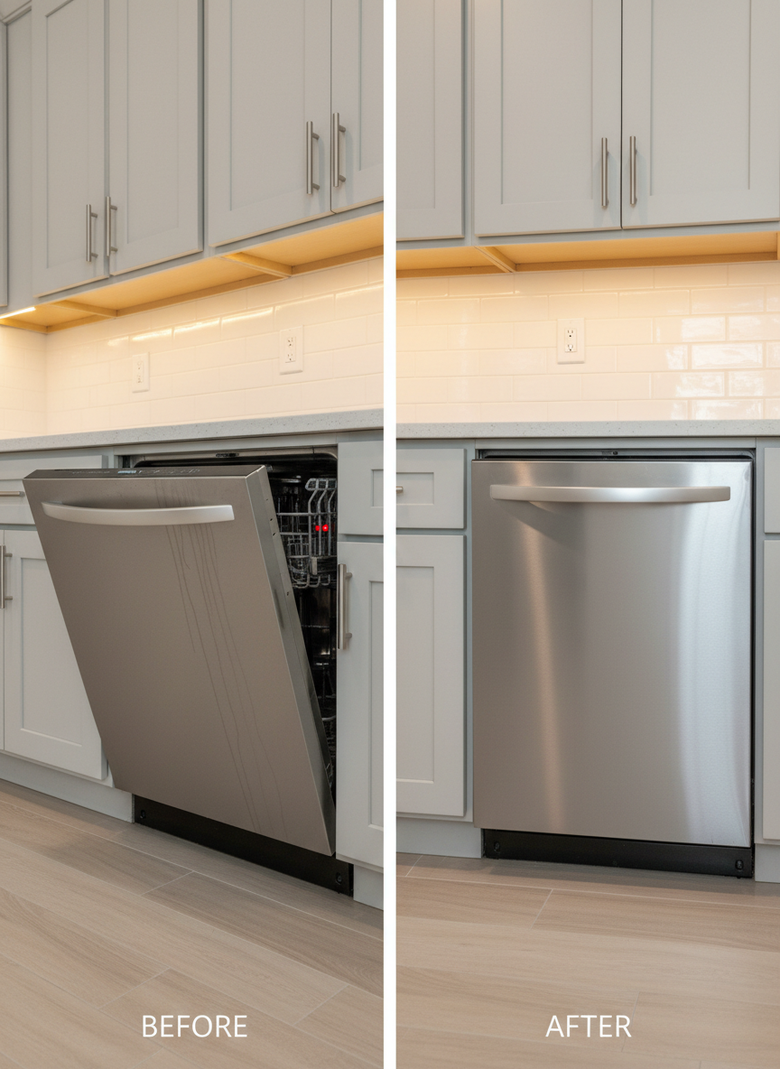 A side-by-side before-and-after photographic composition of a built-in stainless steel dishwasher in a modern Florida kitchen. On the left, the dishwasher door is slightly ajar with subtle water streaks on the front panel and an indicator light suggesting a fault, while the surrounding floor is dry and clean. On the right, the same dishwasher appears spotless, its brushed metal surface gleaming, the indicator glow now a calm, neutral color. The kitchen features light shaker cabinets and warm under-cabinet LED strips that cast gentle, controlled light. Photographic realism, eye-level perspective, with a crisp vertical divider between the two states. The mood is transformational and satisfying, emphasizing the value of professional appliance repair through a clear visual repair story without showing any people.