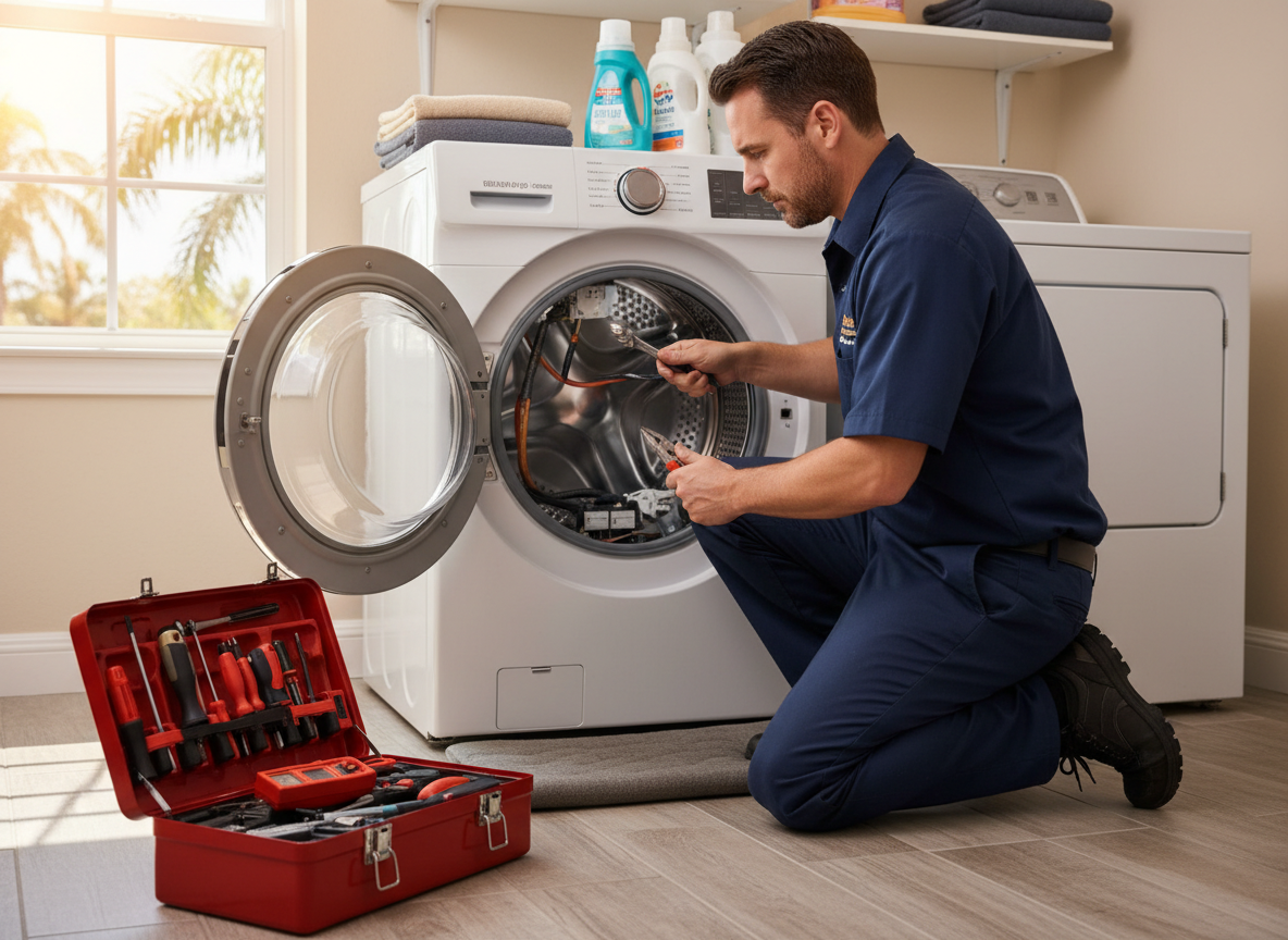 Appliance repair technician repairing washing machine in Orlando home