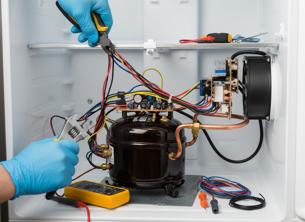 Close-up of refrigerator components being repaired in Orlando
