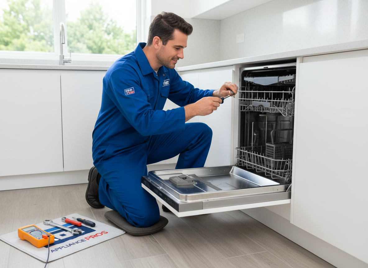 Professional technician repairing a dishwasher in a Lake Mary kitchen