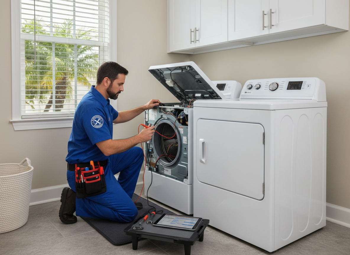 Appliance repair technician servicing washing machine in Windermere FL home