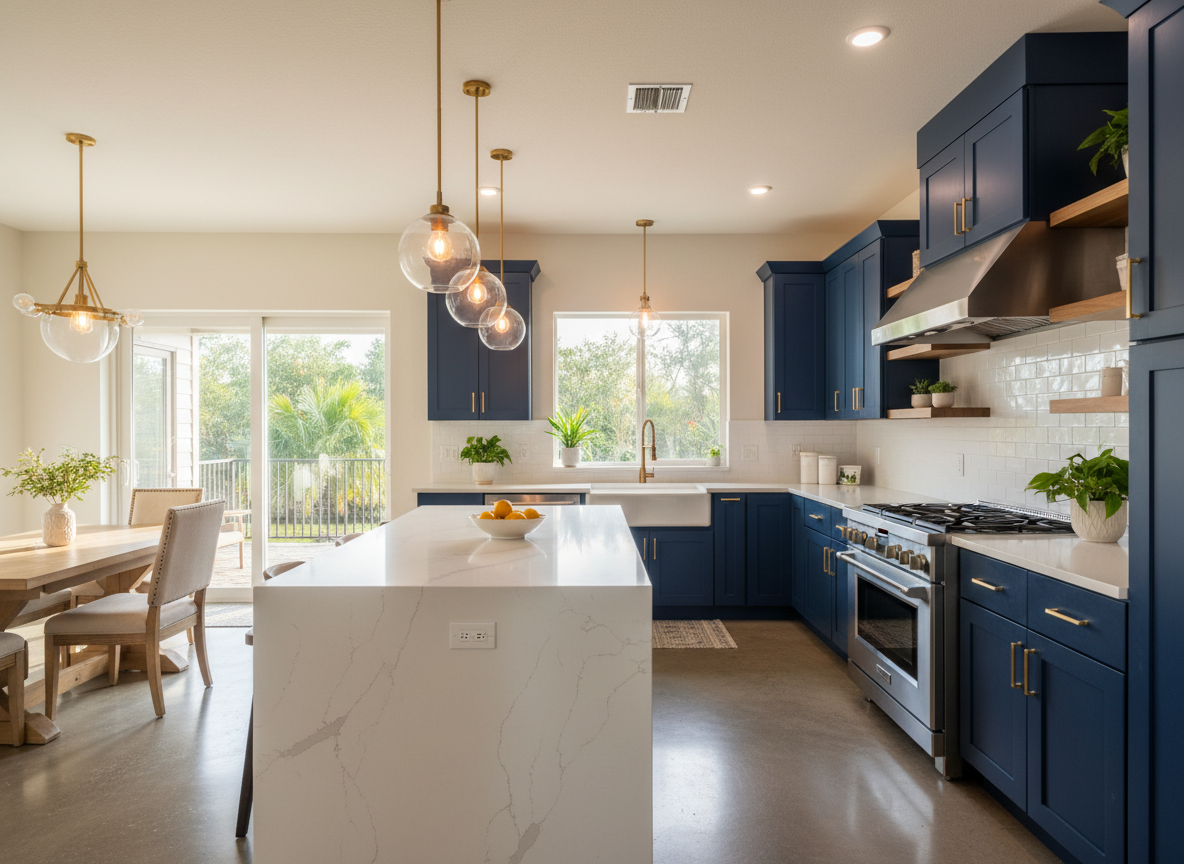 Modern kitchen with navy cabinetry and stainless steel appliances in Winter Springs FL home