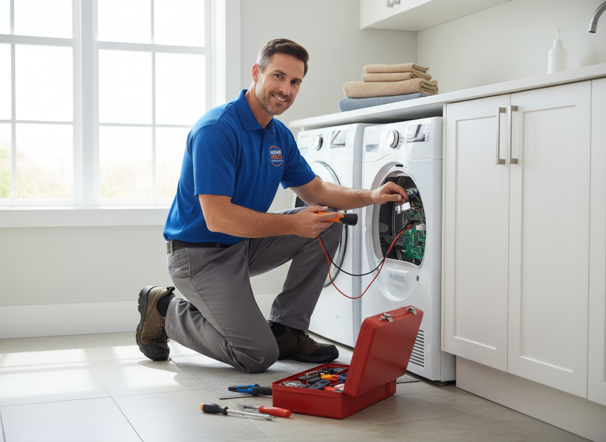 Appliance repair technician inspecting dryer in Winter Springs FL laundry room