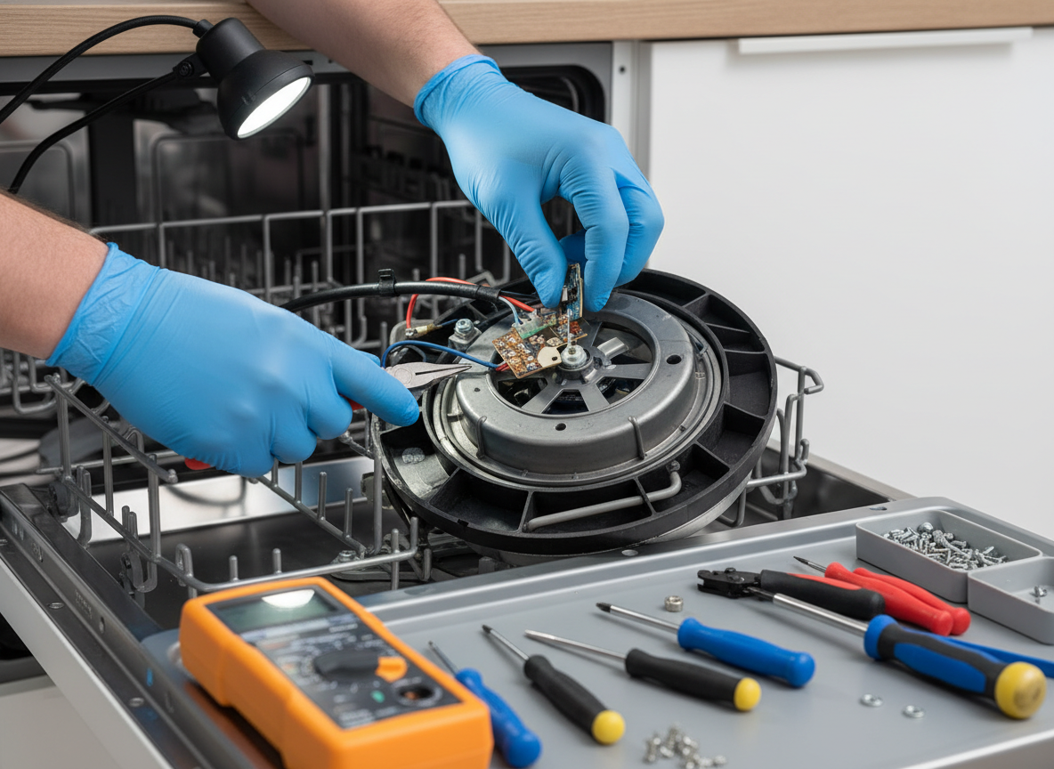 Technician repairing dishwasher pump mechanism in Winter Springs FL
