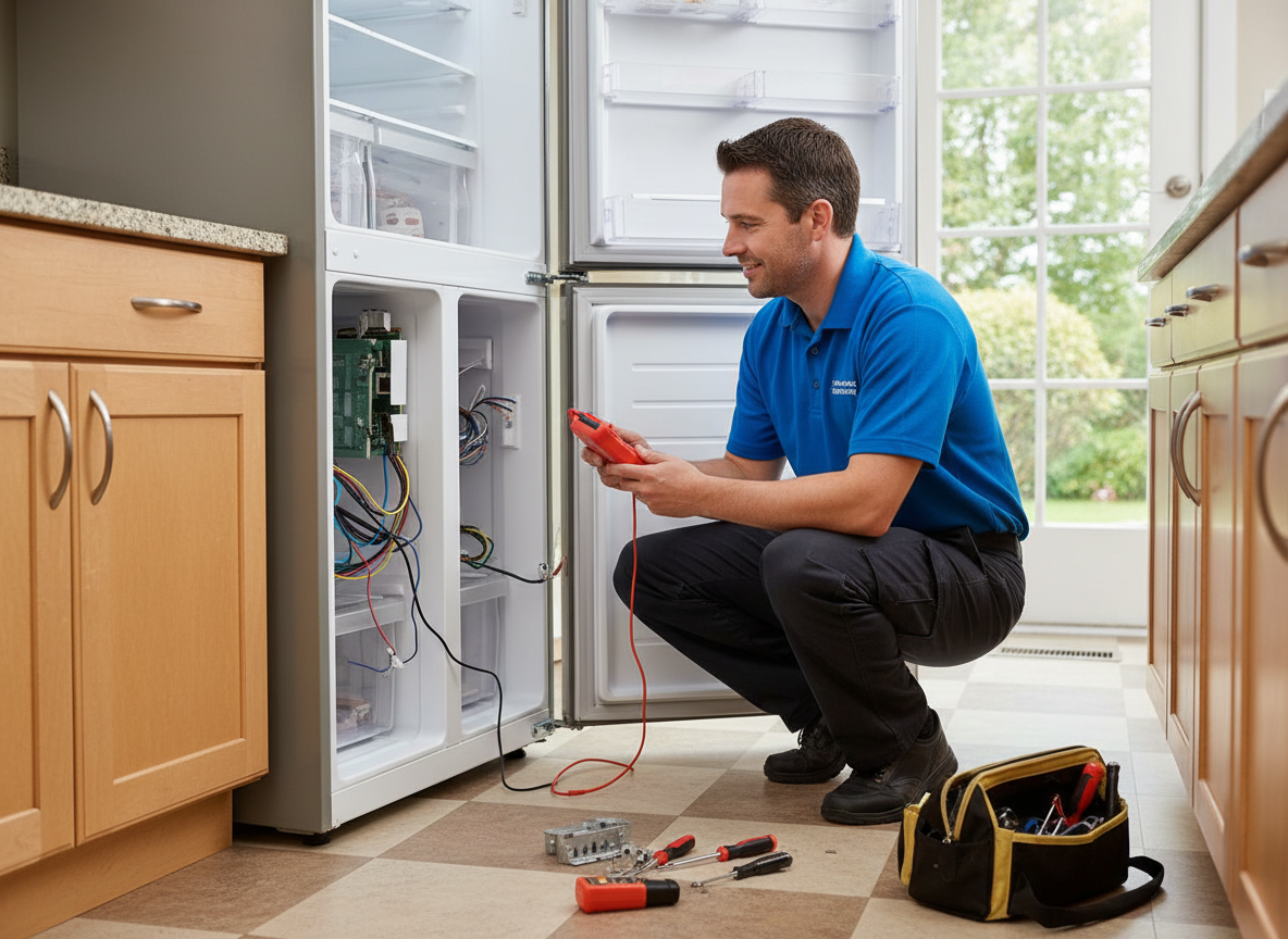 Appliance repair technician checking refrigerator in Ocoee FL kitchen