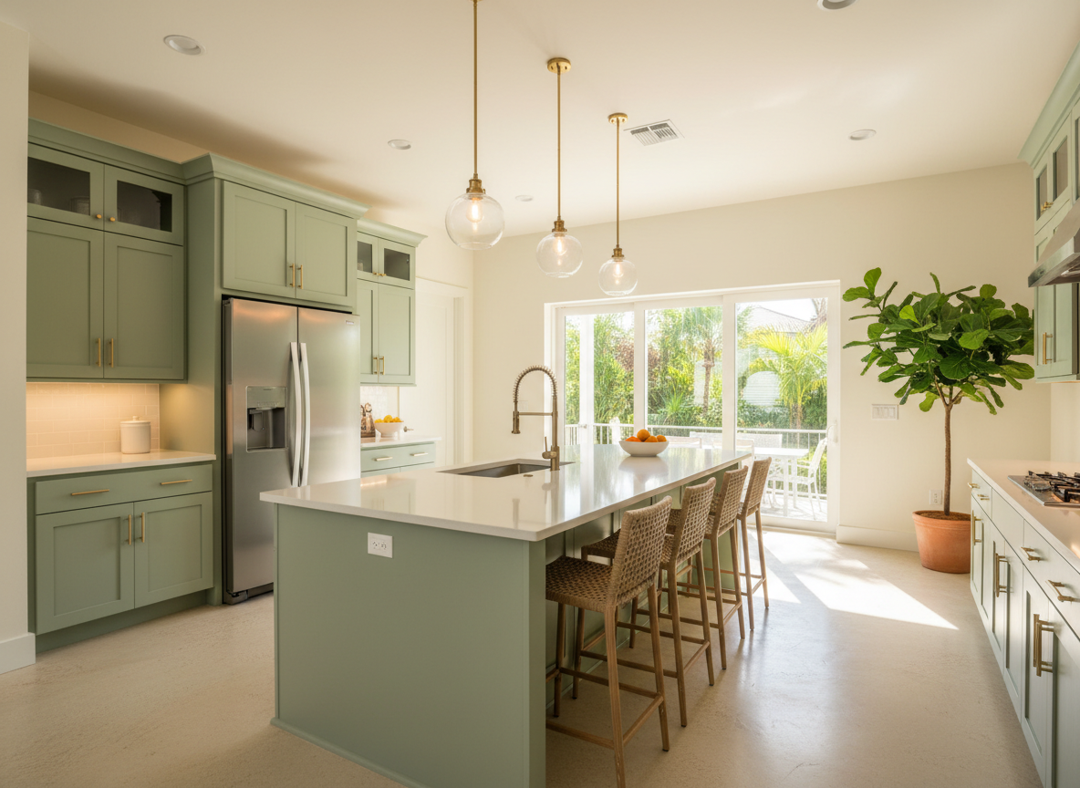 Modern kitchen with sage green cabinetry and stainless steel appliances in Clermont FL