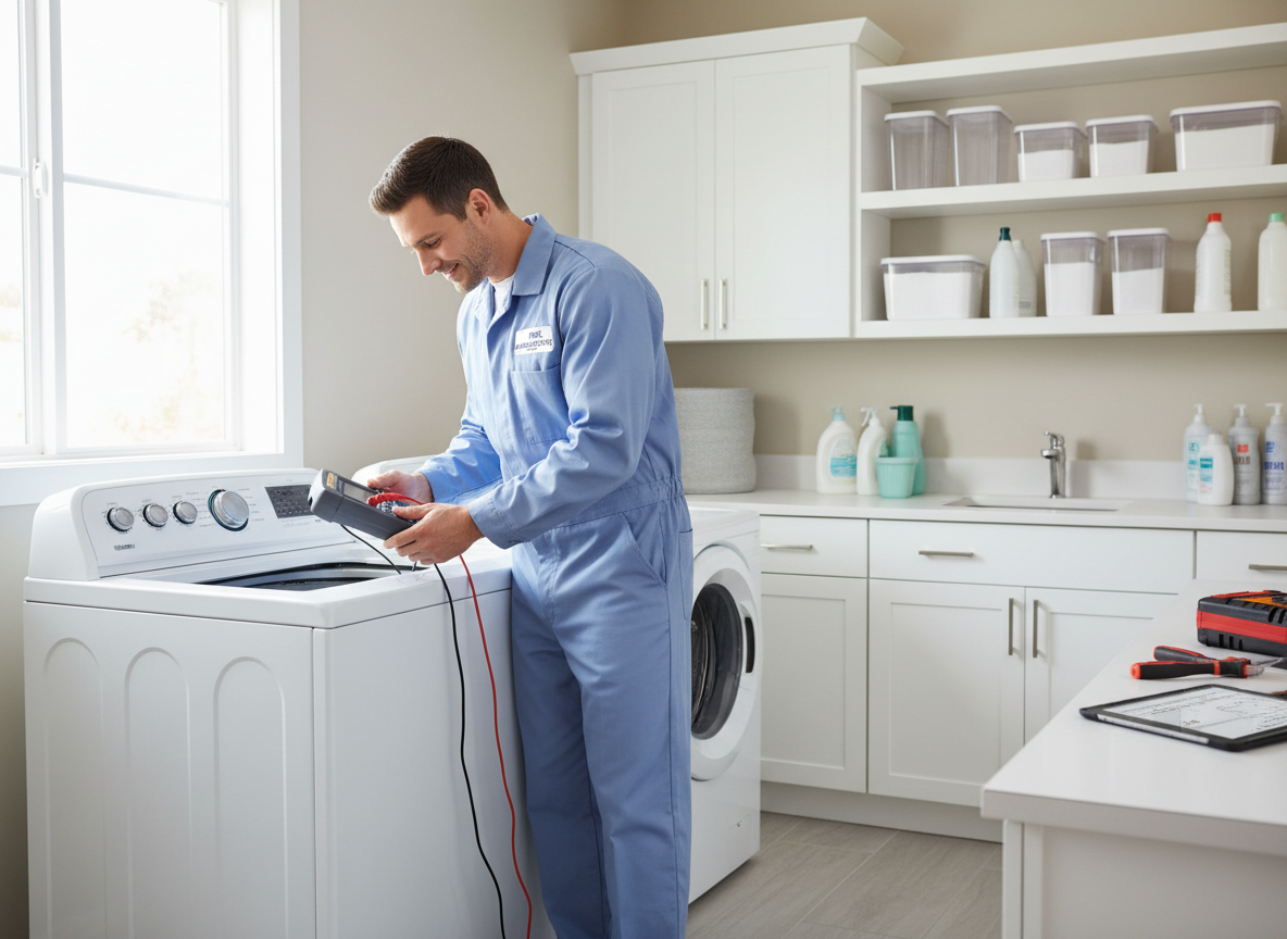 Appliance repair technician working on washing machine in Clermont FL