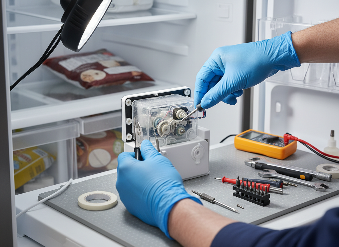 Technician repairing ice maker mechanism inside refrigerator in Clermont FL