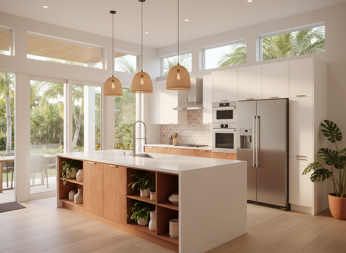 Modern bright kitchen with white and terracotta cabinetry and stainless steel appliances in Kissimmee FL home