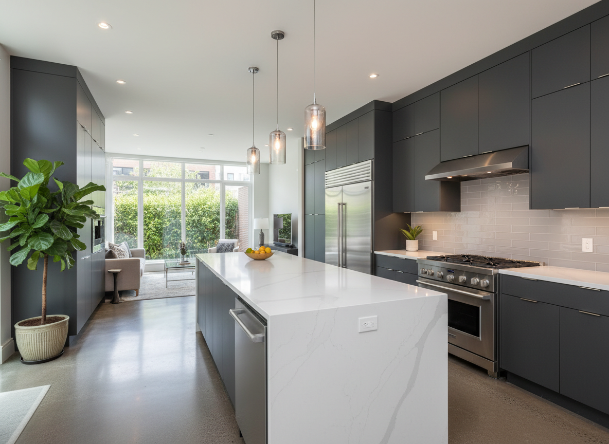 Spacious modern kitchen with dark charcoal cabinetry and stainless steel appliances in Casselberry FL home