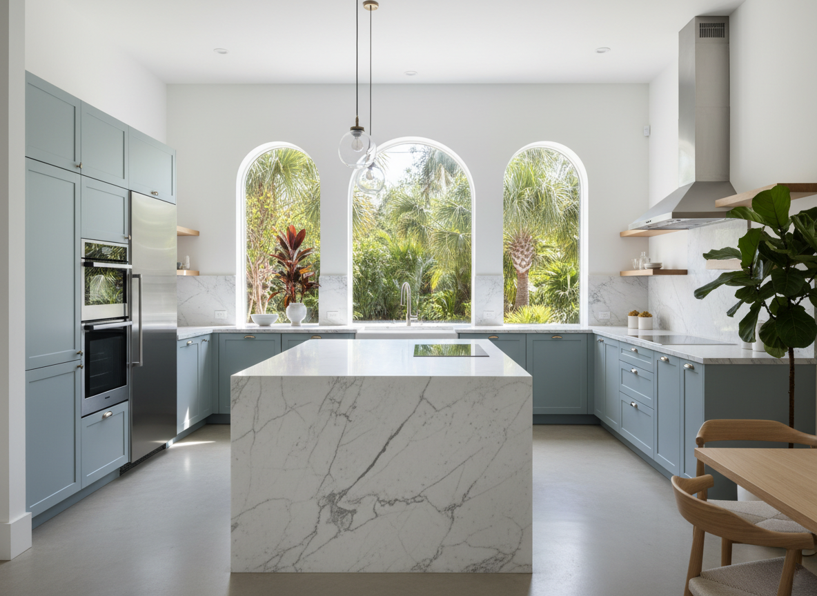 Contemporary kitchen with light blue-grey cabinetry and stainless steel appliances in Oviedo FL home