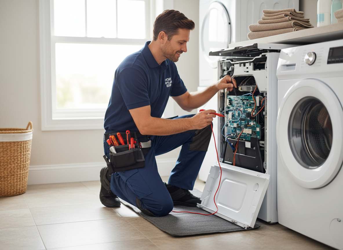 Appliance repair technician using multimeter to diagnose washing machine in Kissimmee FL laundry room