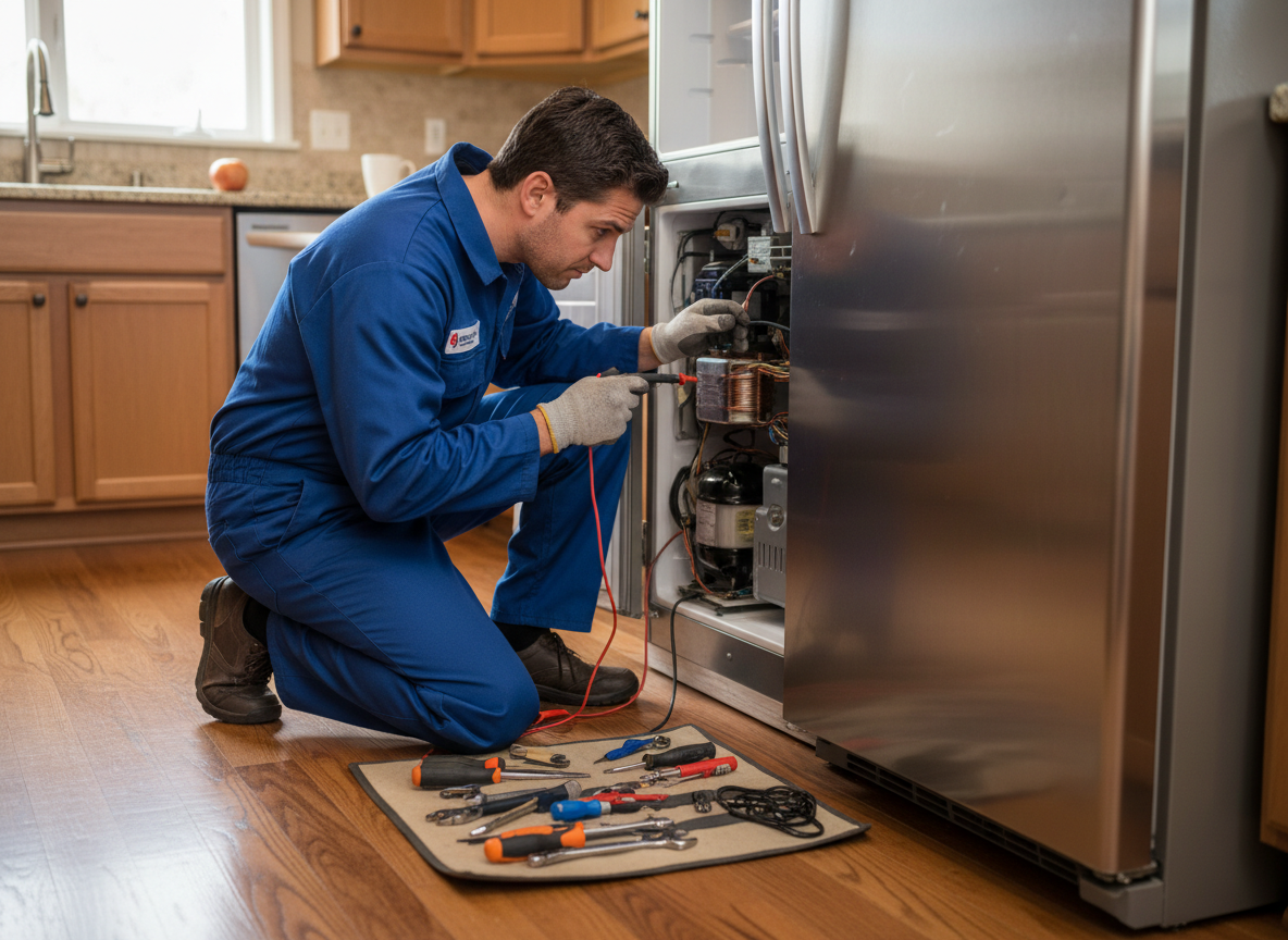 Appliance repair technician inspecting back panel of stainless steel refrigerator in Casselberry FL kitchen
