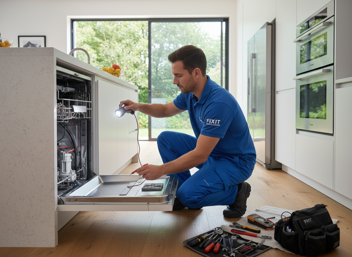 Appliance repair technician checking dishwasher drain pump in Oviedo FL kitchen