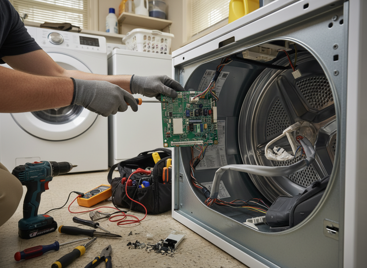 Technician replacing control board inside open dryer in Oviedo FL laundry room