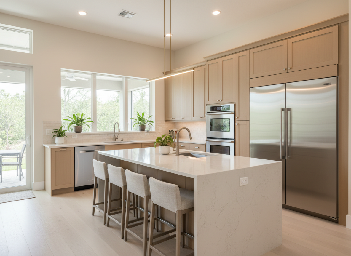 Modern bright kitchen with warm beige cabinetry and stainless steel appliances in Maitland FL home