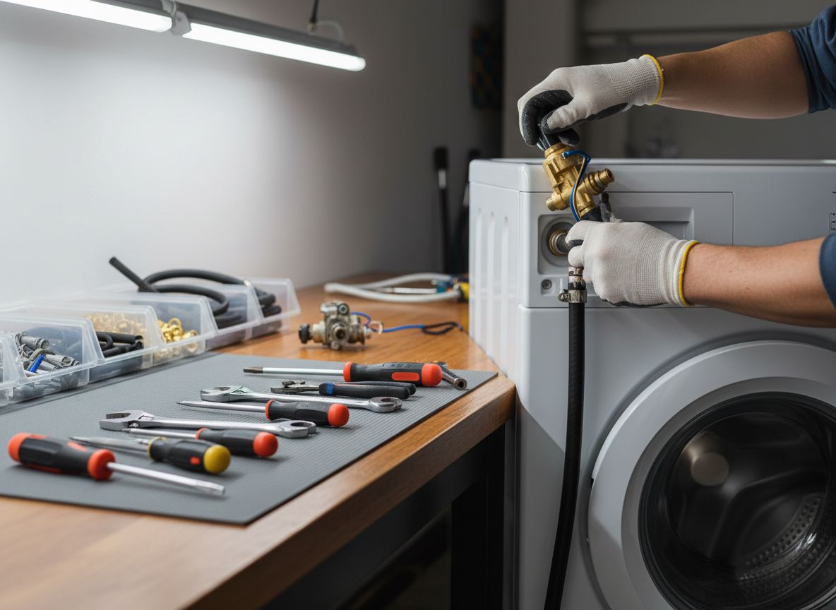 Technician replacing water inlet valve on washing machine in Kissimmee FL repair