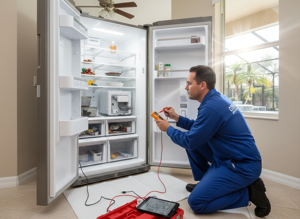 Appliance repair technician servicing refrigerator in Maitland FL home