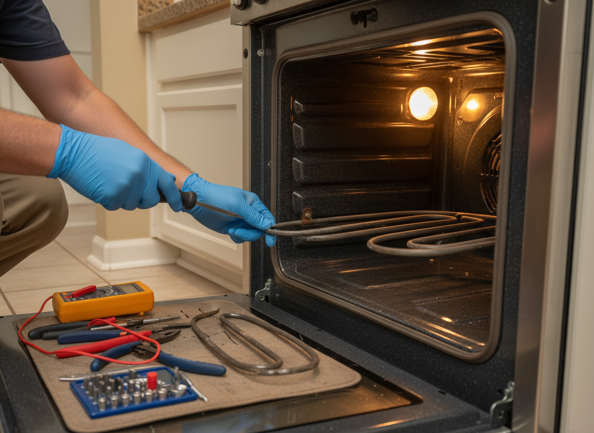 Close-up of appliance repair technician replacing heating element inside oven in Casselberry FL home