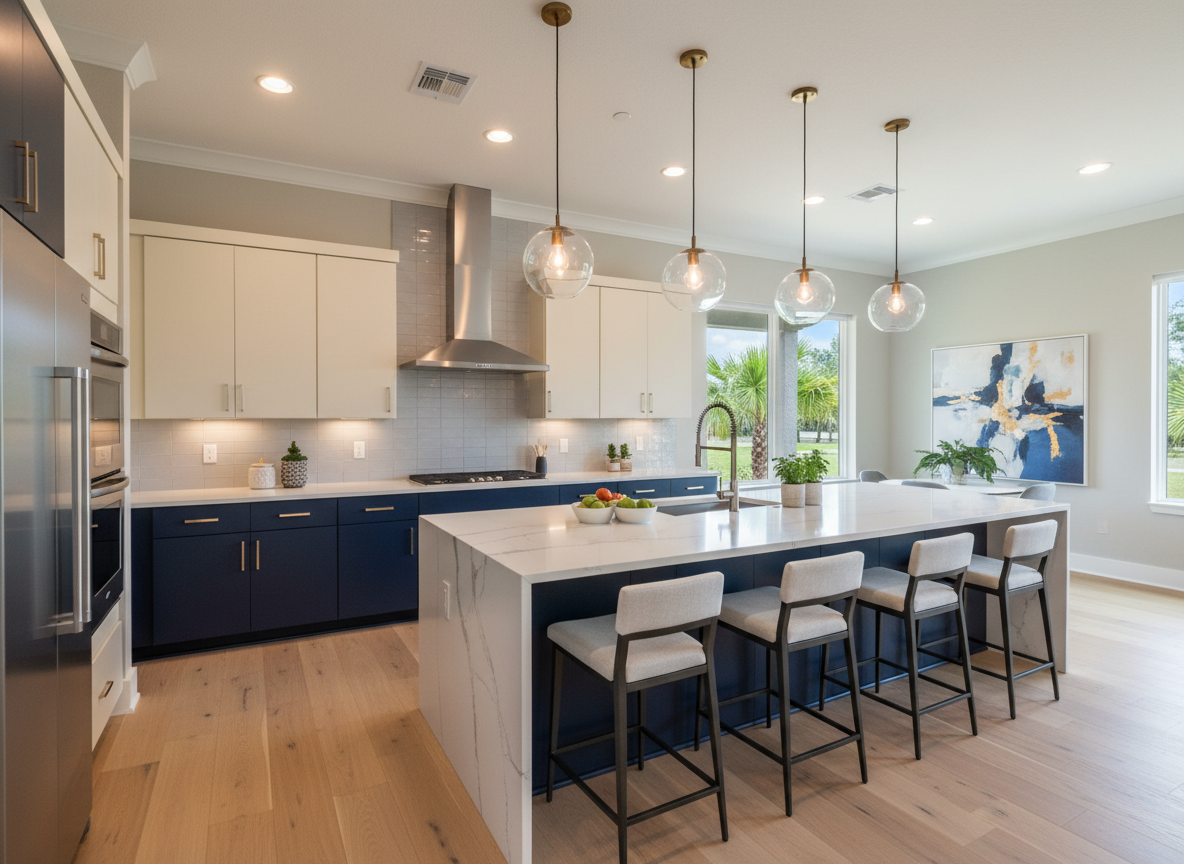 Contemporary kitchen with two-tone cream and navy cabinetry and stainless steel appliances in Sanford FL home