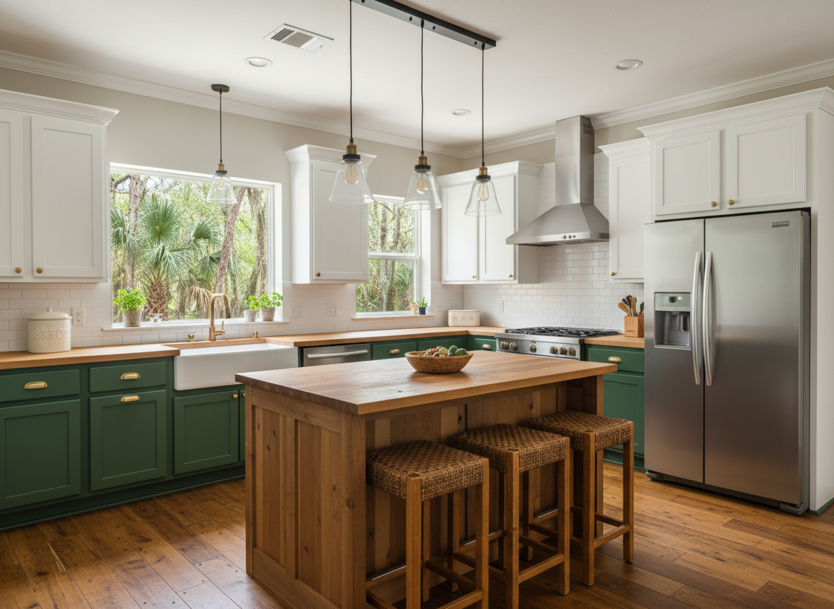 Bright farmhouse kitchen with forest green cabinets and stainless steel appliances in Apopka FL home
