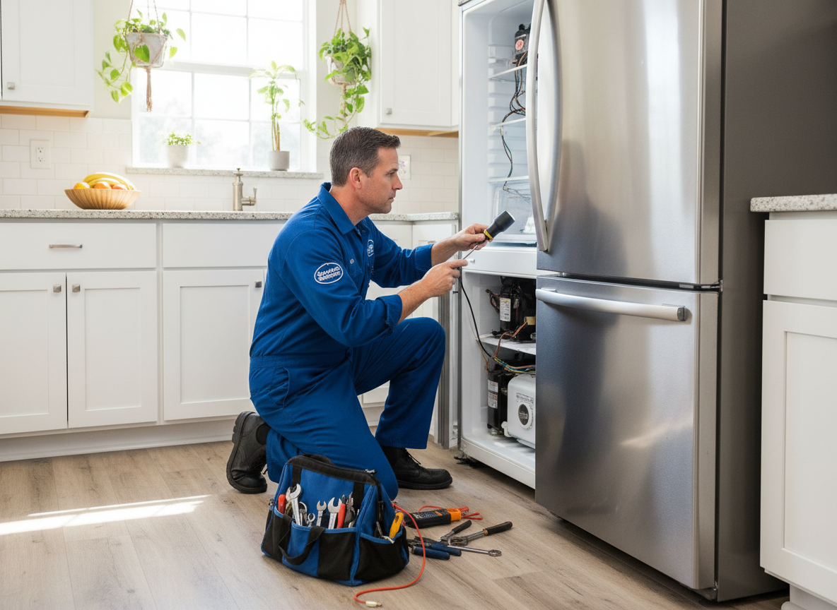 Appliance repair technician in uniform inspecting refrigerator back panel in Sanford FL kitchen