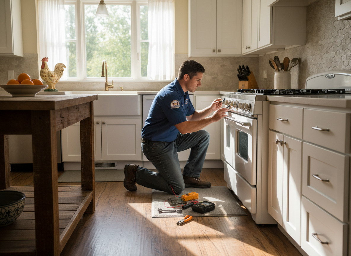 Appliance repair technician servicing gas range burner igniters in Apopka FL farmhouse kitchen