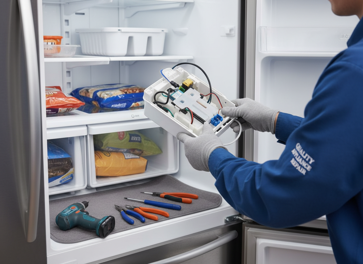 Close-up of technician replacing ice maker assembly inside refrigerator in Apopka FL home repair