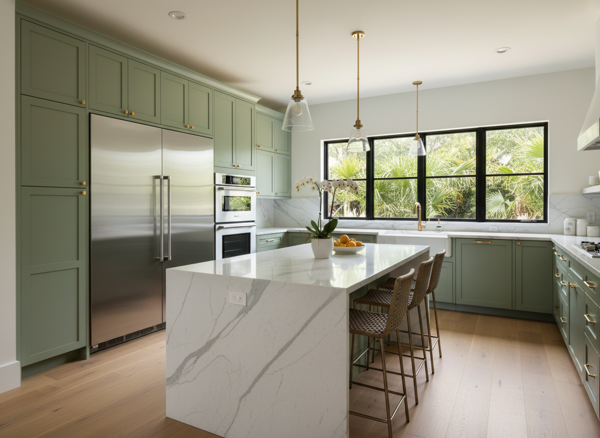 Bright modern kitchen with sage green cabinetry and stainless steel appliances in Longwood FL home