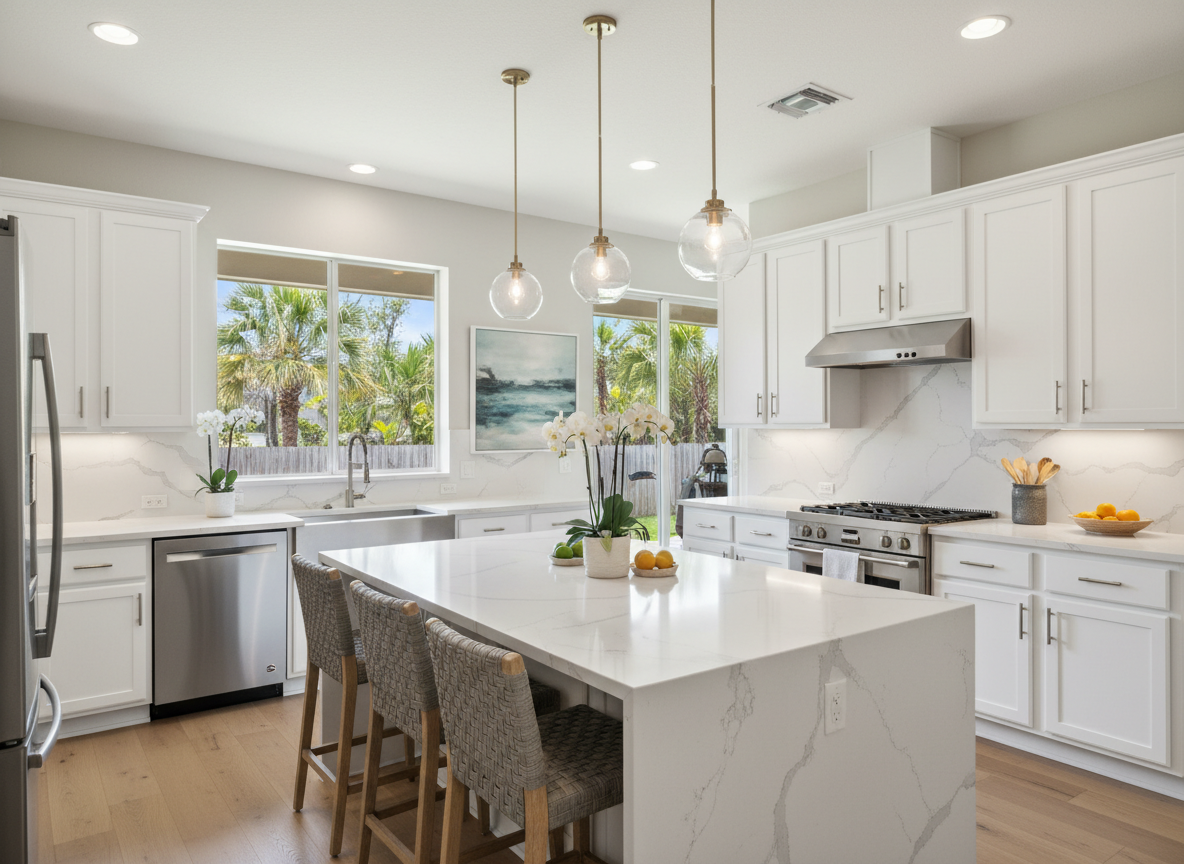 Spacious modern kitchen with white shaker cabinets and stainless steel appliances in Altamonte Springs FL home