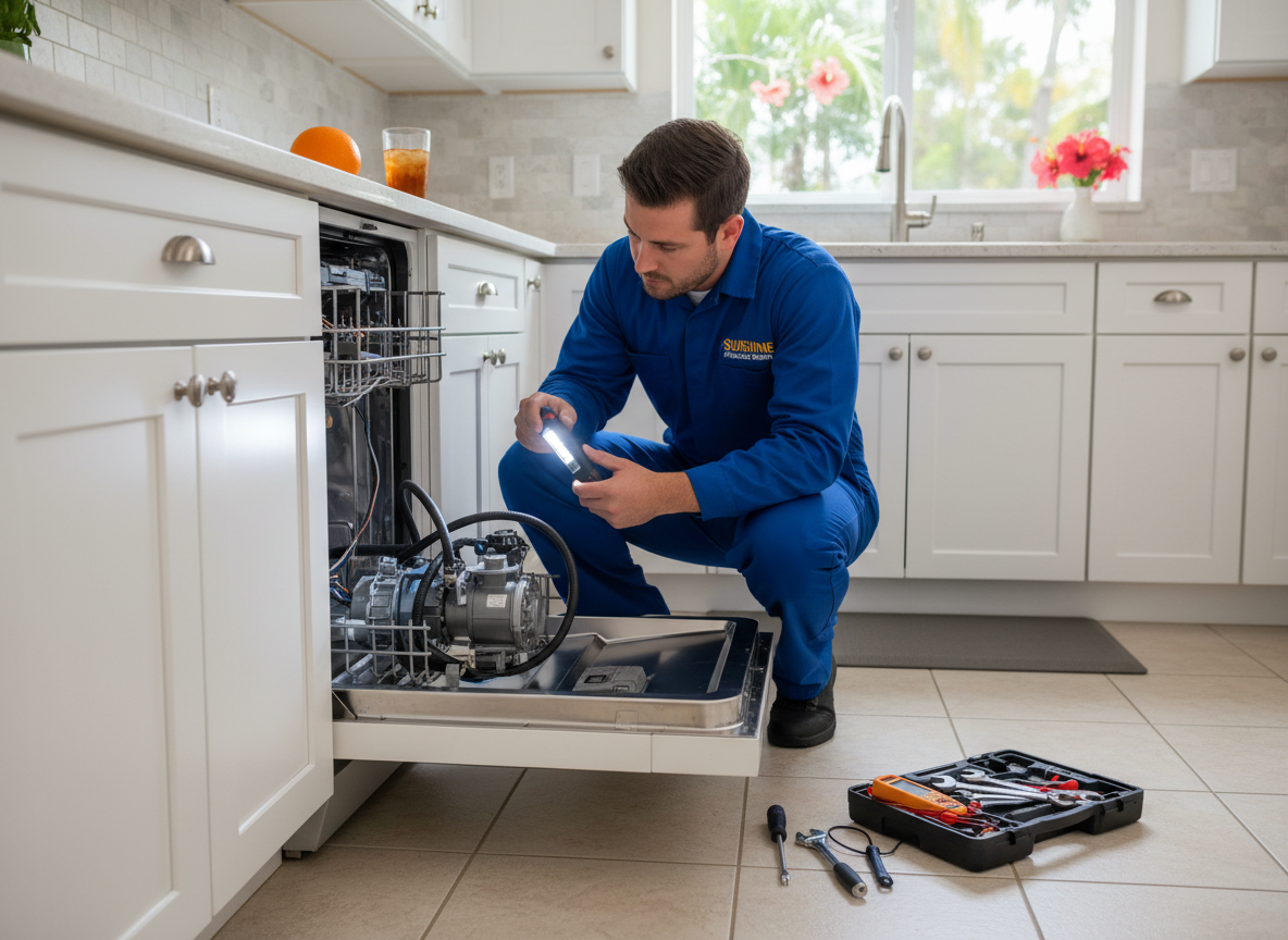 Appliance repair technician inspecting dishwasher pump assembly in Altamonte Springs FL kitchen