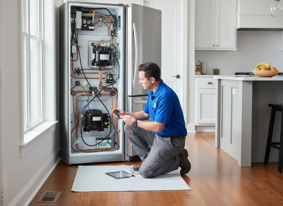 Professional appliance repair technician inspecting a modern refrigerator in a bright kitchen