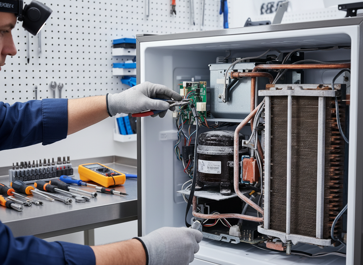 Close-up of a technician repairing the internal components of a refrigerator