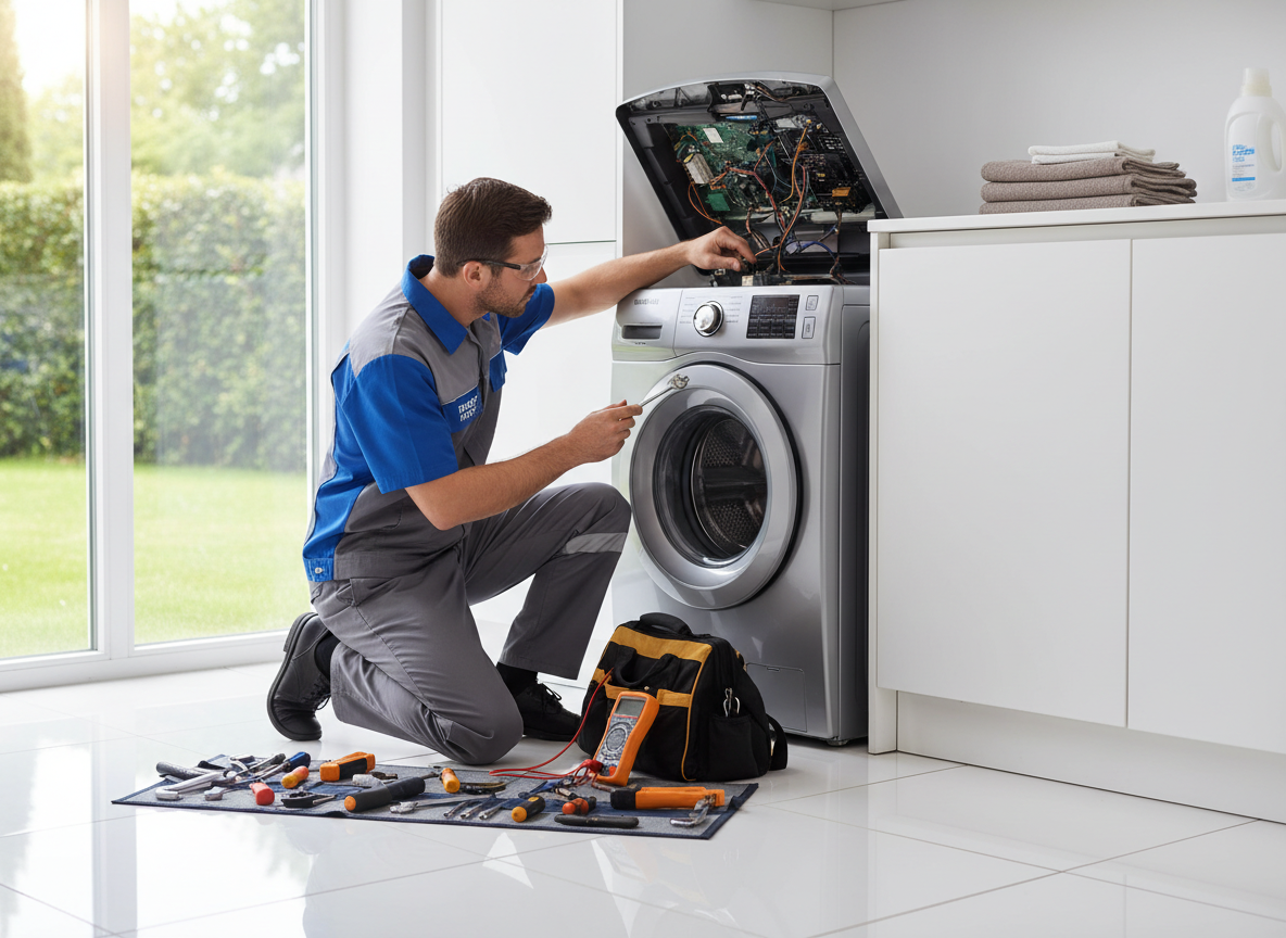 Professional appliance repair technician working on a front-load washing machine in a laundry room