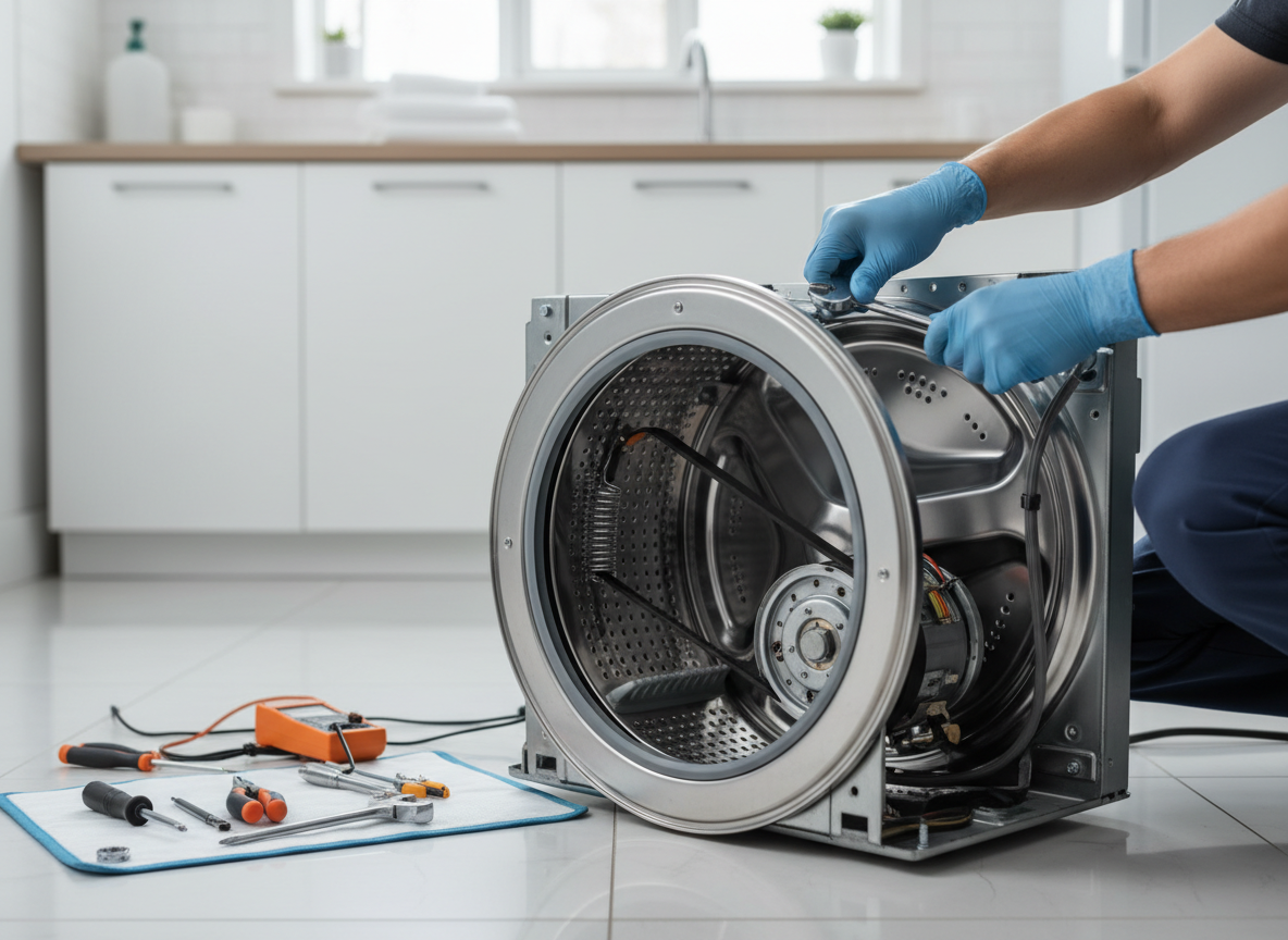 Close-up of washing machine drum and internal components being serviced by a technician