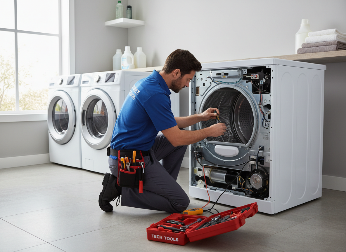 Professional appliance repair technician servicing a clothes dryer in a laundry room