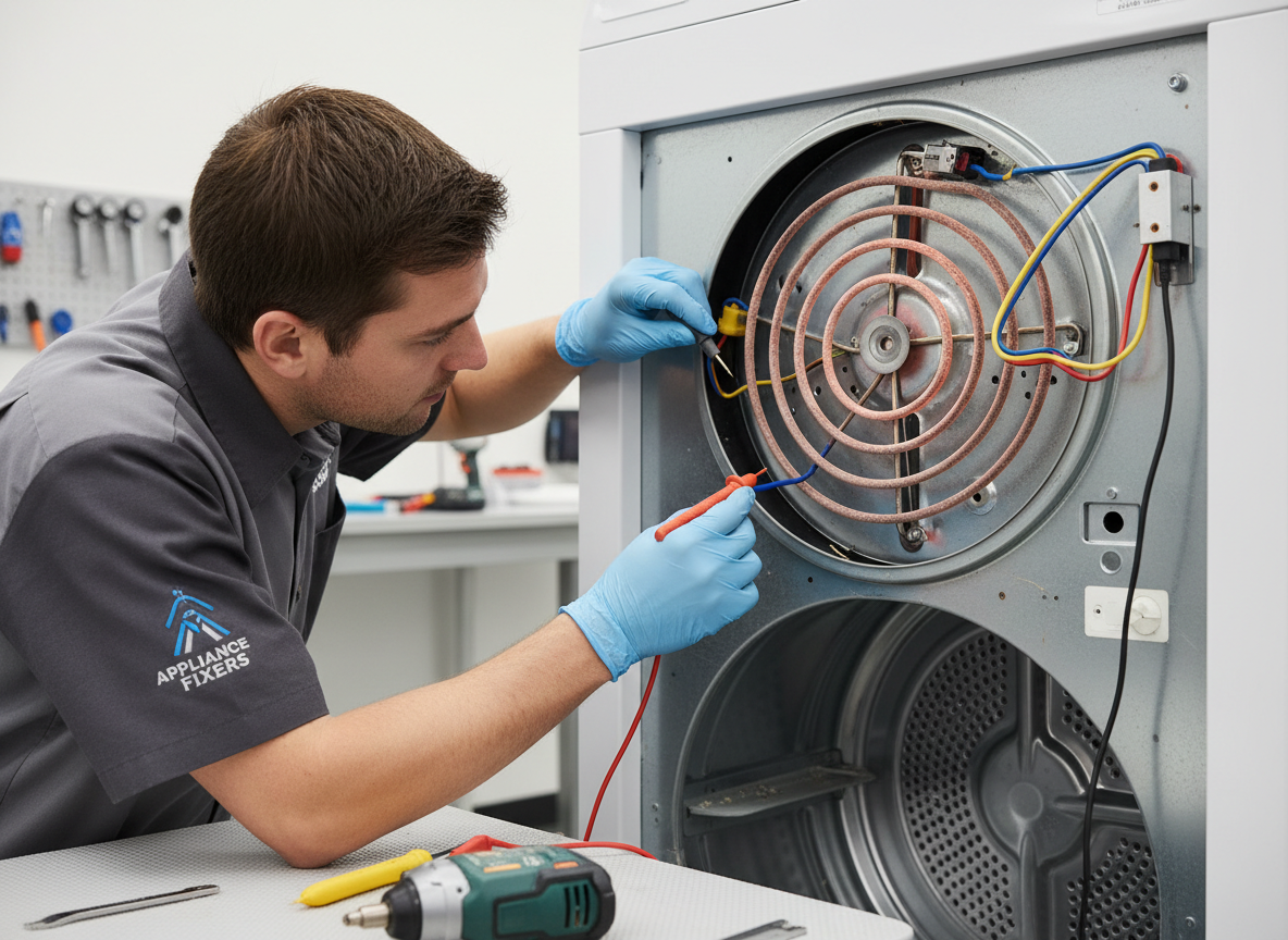 Close-up of dryer internal heating element and drum components being repaired by a technician