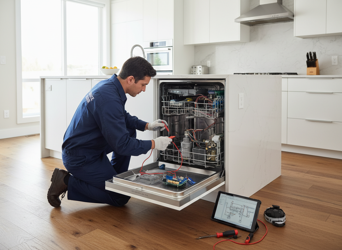 Professional appliance technician repairing a built-in dishwasher in a modern kitchen