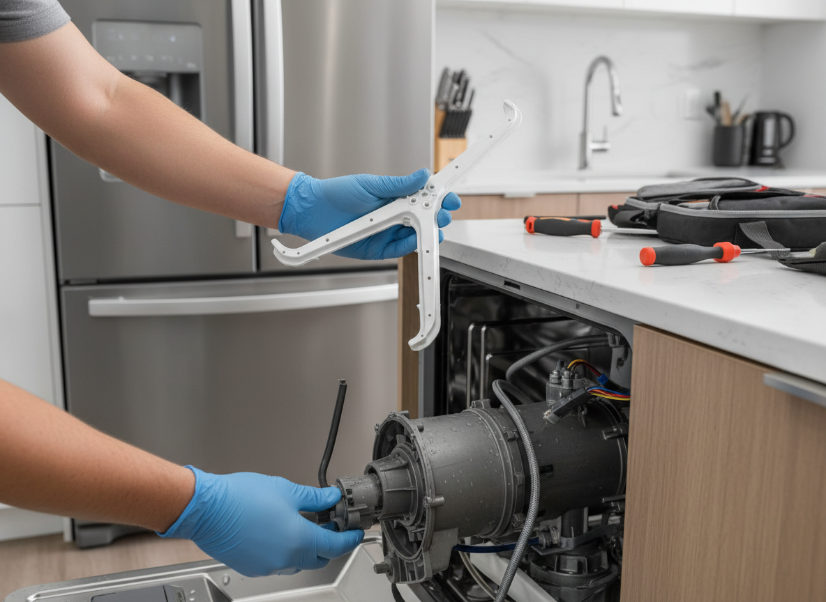 Close-up of dishwasher spray arm and pump being inspected by a technician