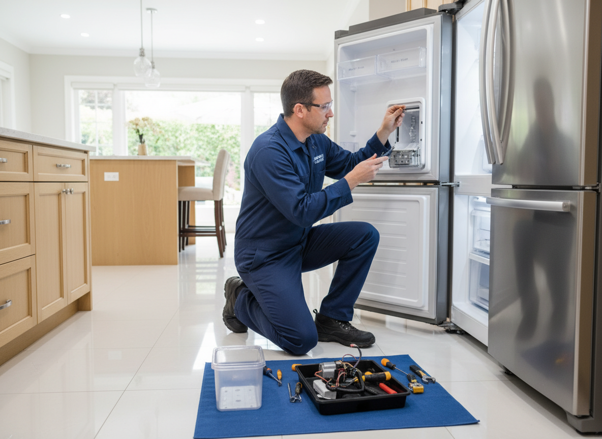 Professional appliance repair technician servicing a built-in ice maker inside a refrigerator