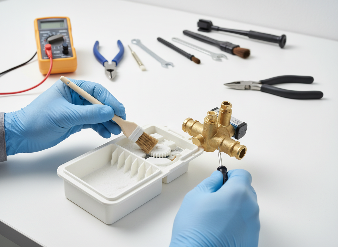 Close-up of a technician inspecting an ice maker mechanism and water inlet valve