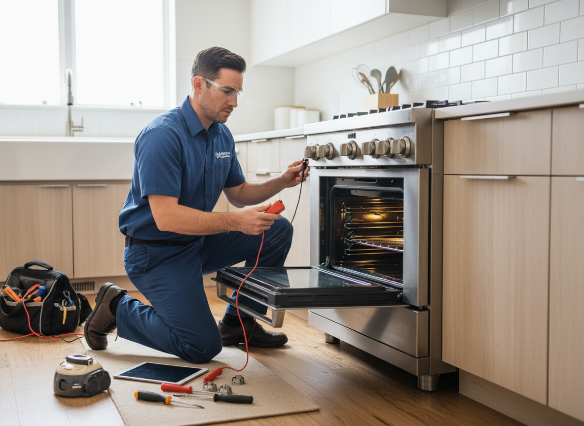 Professional appliance repair technician servicing a stainless steel gas range and oven in a modern kitchen