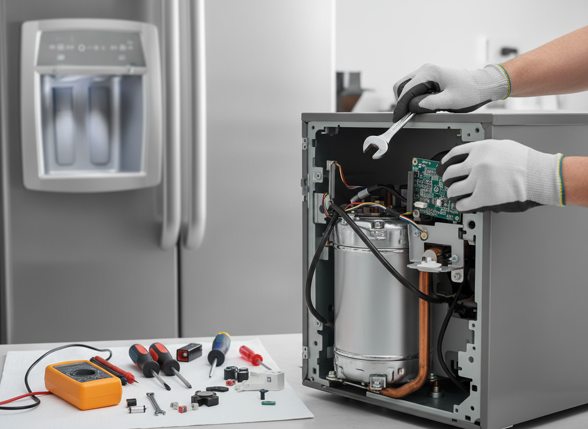 Refrigerator repair close-up — component replacement in Orlando