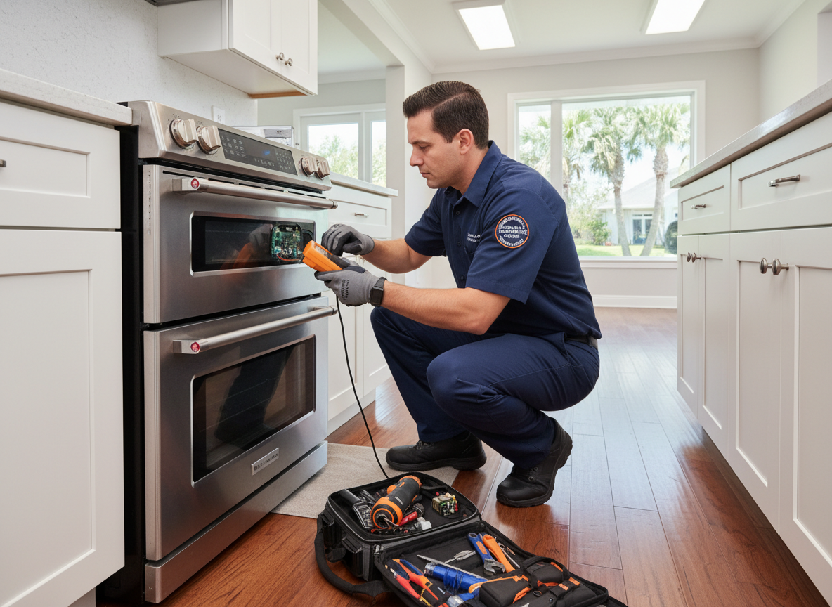 Professional appliance repair technician servicing a stainless steel oven and stove in an Orlando, FL kitchen