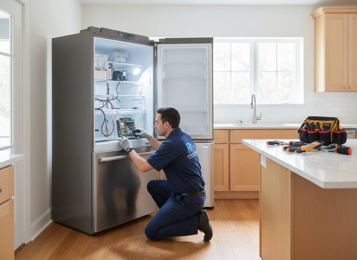 Professional refrigerator repair technician at work