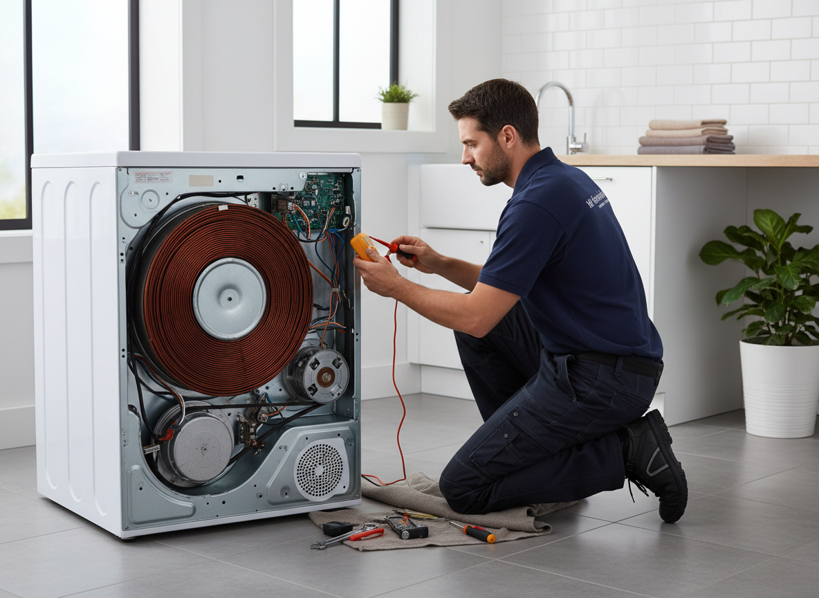 Professional technician repairing a clothes dryer with back panel removed