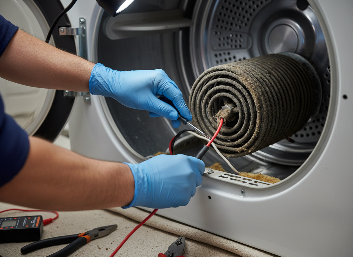 Close-up of technician fixing heating element inside a clothes dryer